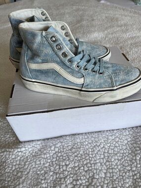 Vans Light Blue Denim High Top Sneakers with White Stripe.